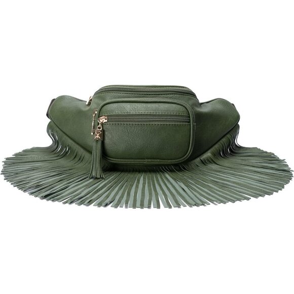 💫 Women Green Fringe Multi Zipper Pockets Trendy Style Casual Wear Waist bag - Picture 3 of 9
